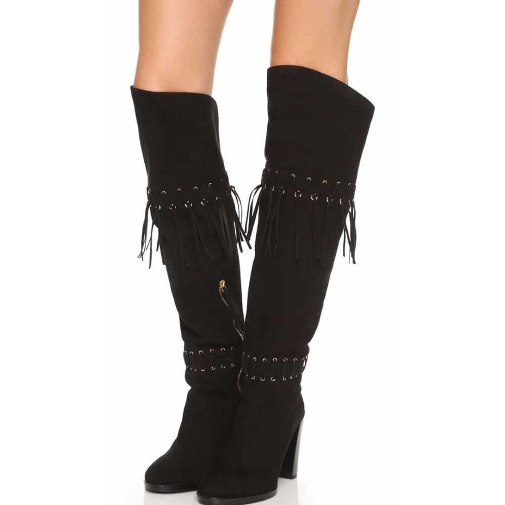 Rebecca Minkoff Over the Knee Heeled Black Suede Boots with Fringe & Gold Zip